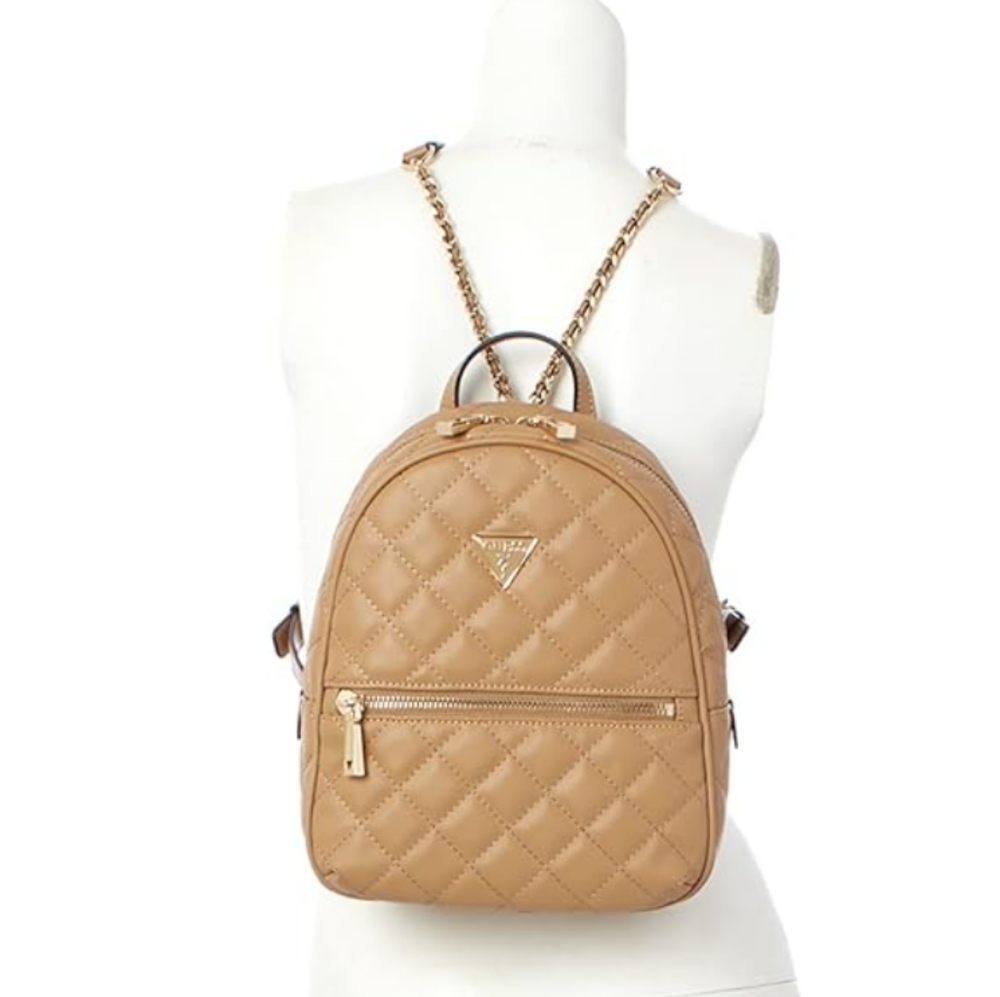 Guess Mid Sized Backpack Purse Beige Light Brown & Gold Quilted